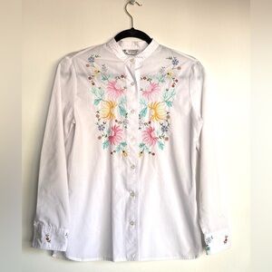 Vintage‎ 70s King James Hand Embroidered Floral Prairie Blouse White Poplin Med